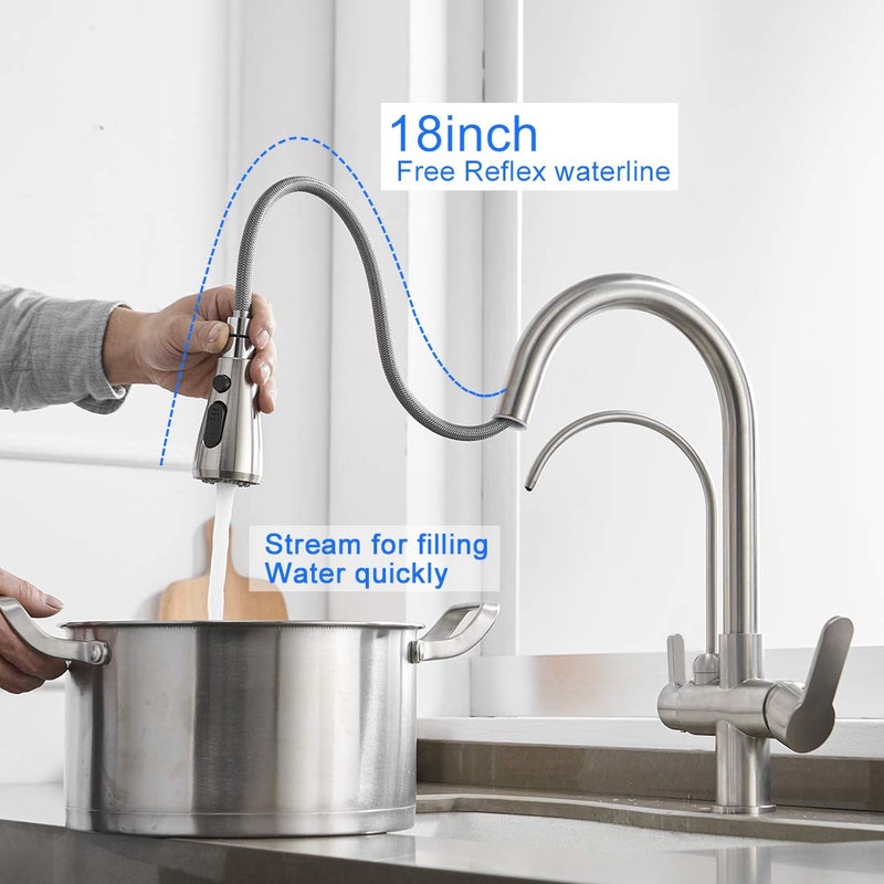 MENATT Filter Kitchen Faucet with Drinking Water Faucet, High Arc Pull Down 3-Way Kitchen Faucet, 3 in 1 Sink Cold and Hot Mixer Tap (Brushed Nickel) - Image 3